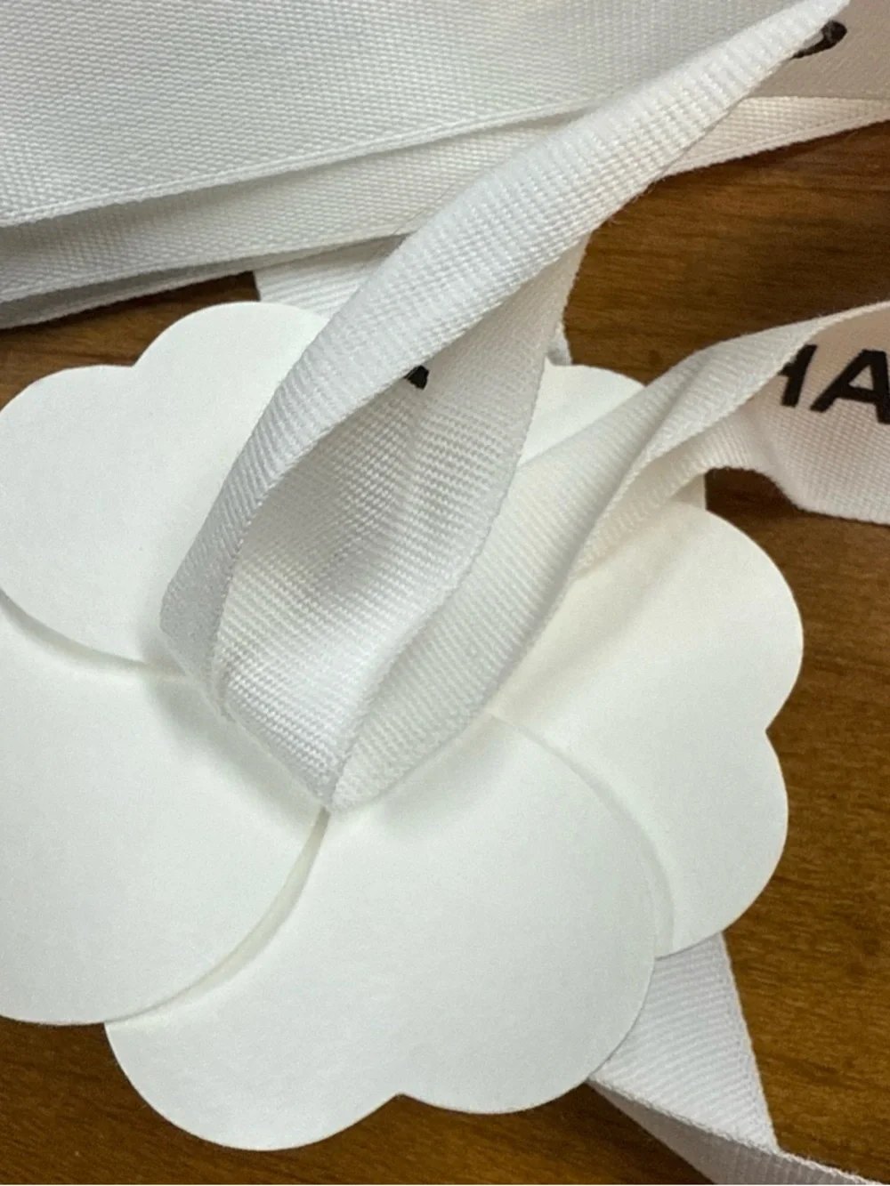 Chanel Gift Wrapping Ribbon 1” W59”L White Black Logo Camellia Flower Tissue